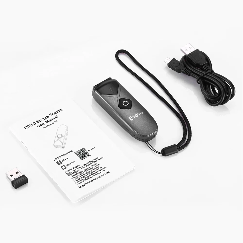 Eyoyo 미니 휴대용 바코드 스캐너: 블루투스, USB 유선, 2.4G 무선, 1D, 2D, QR 및 PDF417 바코드와 호환