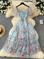 Summer Vintage French Mesh Dress for Women New Waist Cinched Slash Neck Bubble Sleeves Sweet Floral Chiffon Dress Female C146 - Image 4