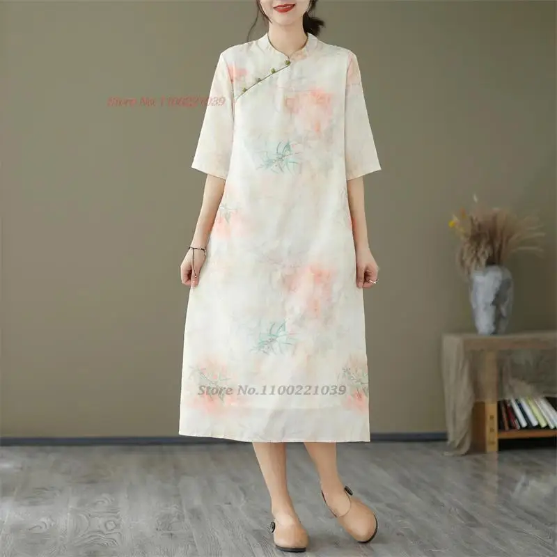

2024 chinese traditional dress national flower print qipao retro cotton linen cheongsam oriental vintage qipao folk a-line dress