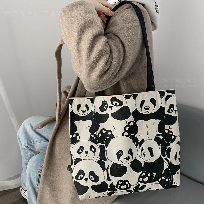 Cute Panda Canvas Bag Women's Shoulder Chinese Style Large Capacity Zipper Canvas Bag Handheld Shopping Double sided Print