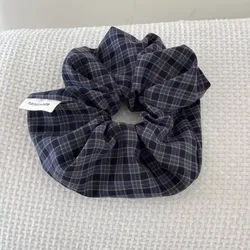 Vintage Korean Plaid Hair Band Scrunchies - Retro Elastic Ponytail Accessories (Navy blue)