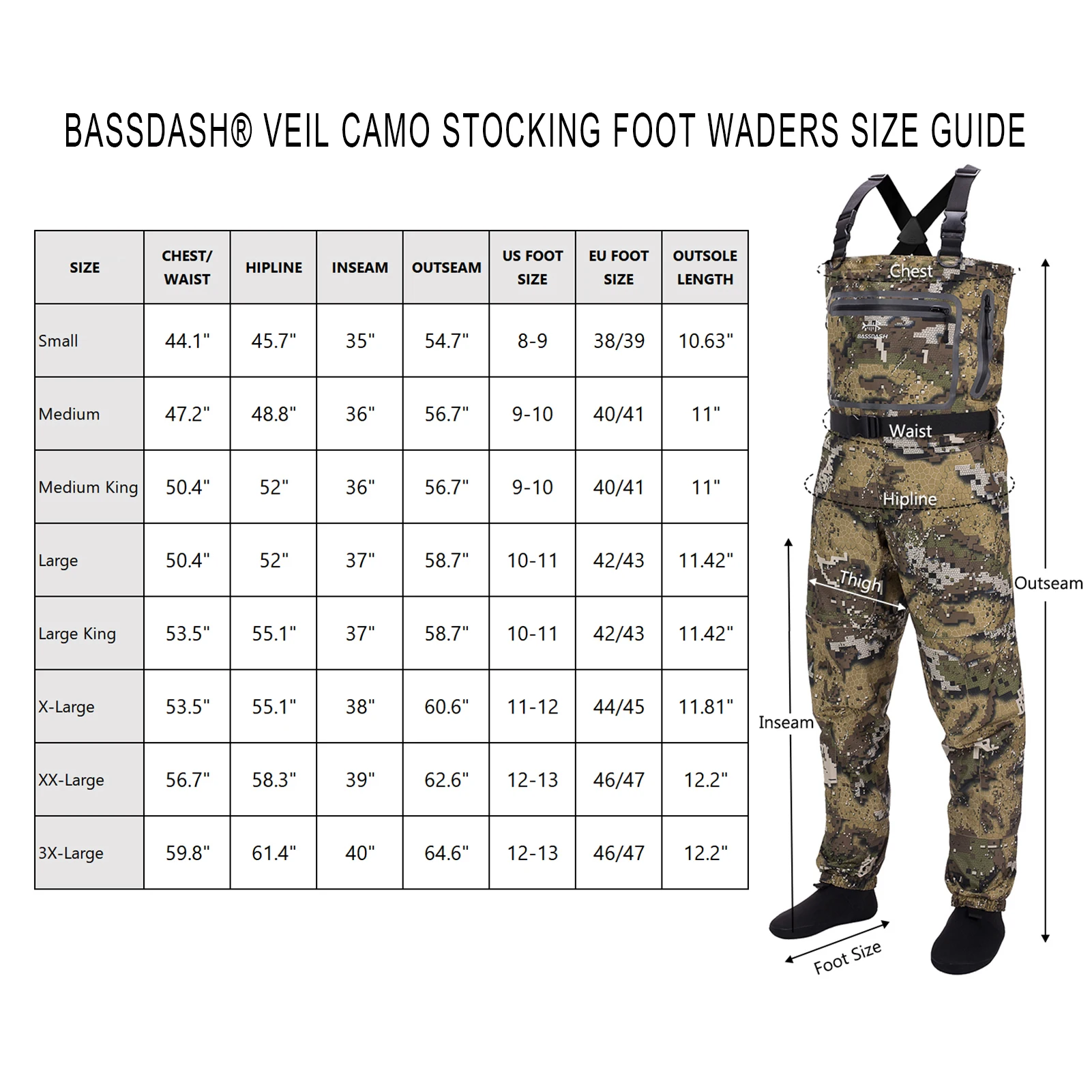Bassdash Veil Camo Chest Stocking Foot Fishing Hunting Waders for Men Breathable 