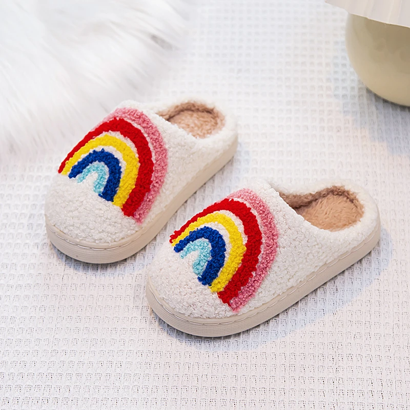 Rainbow Furry Kids Slippers Winter Soft Plush Home Shoes