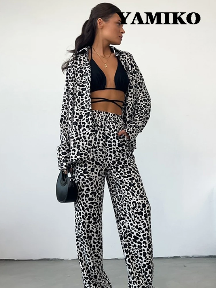 

Casual Leopard Printed Women Pant Sets Lapel Collar Front Button-up Shirt Elastic Waist Long Pants Suit Fashion Streetwear Set