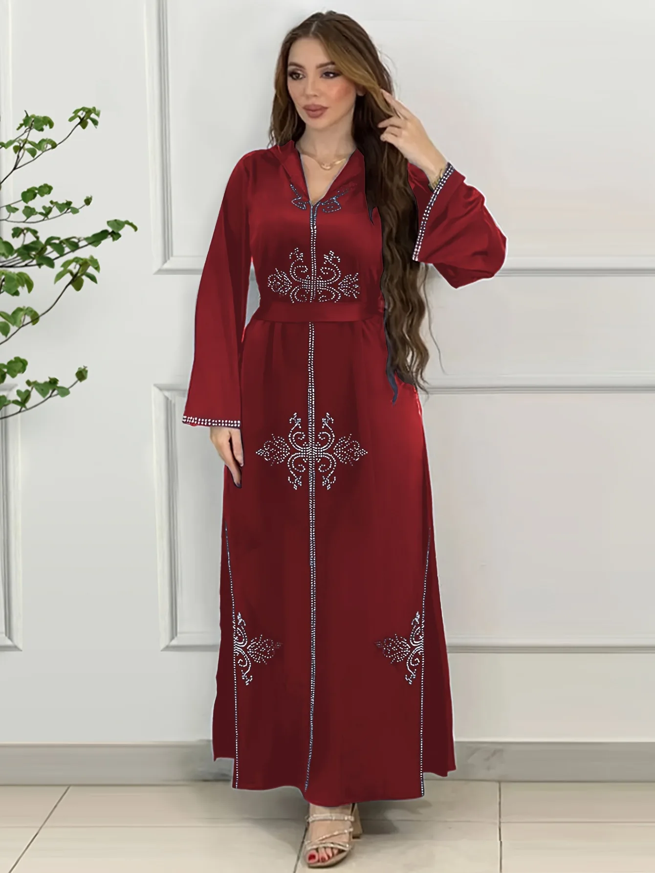 فستان العيد للنساء، عباءة بقلنسوة مزينة بالألماس، جلابية رمضانية، عباءات دبي الإسلامية، قفطان مع أحزمة، ثوب عربي طويل