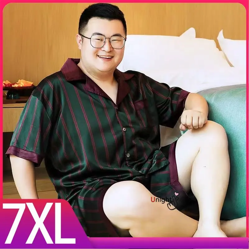 Silk Pajamas Set Men Short Satin Large Size Summer Sleepwear Home Clothes Stripe Big Size 4XL Plaid