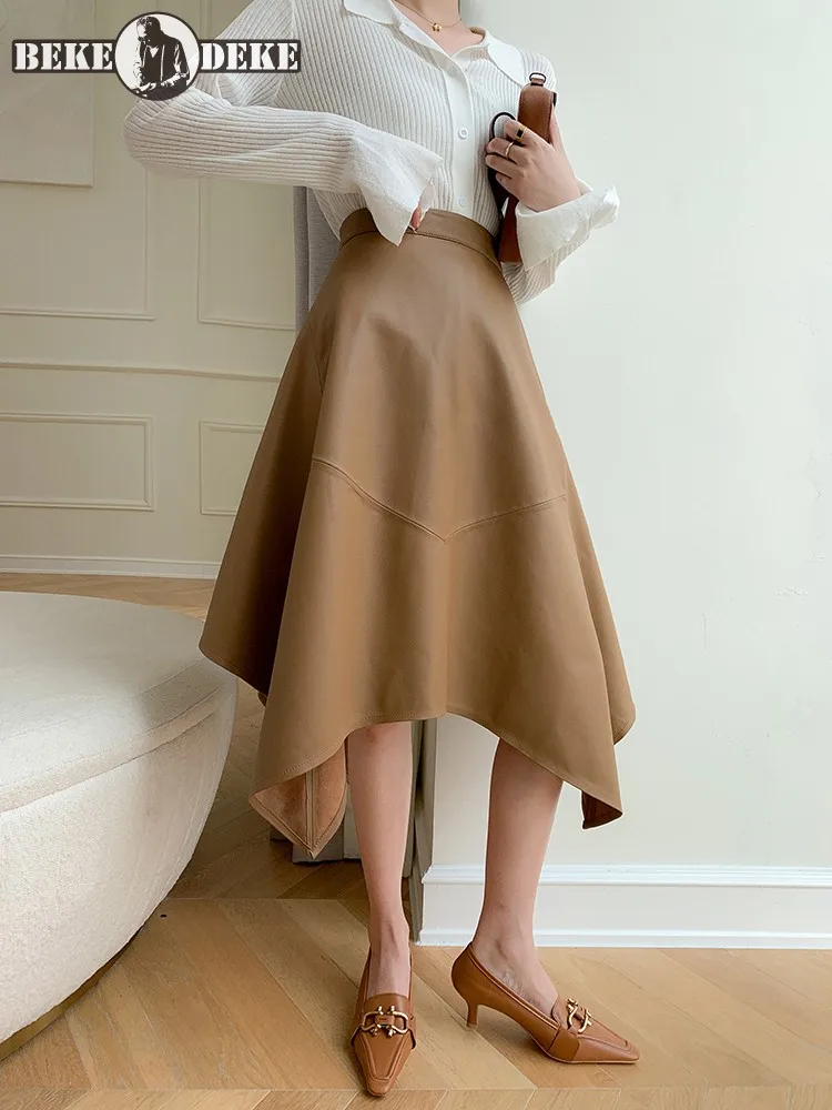 

Elegant Ladies High Waist Asymmetrical Midi Skirt Women Luxury Natural Sheepskin Genuine Leather Skirts Vintage Designer Skirt