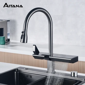 AITANA Rubinetto da cucina di lusso in ottone cromato con design a display digitale, miscelatore per lavello a 3 funzioni estraibile con acqua calda e fredda 1