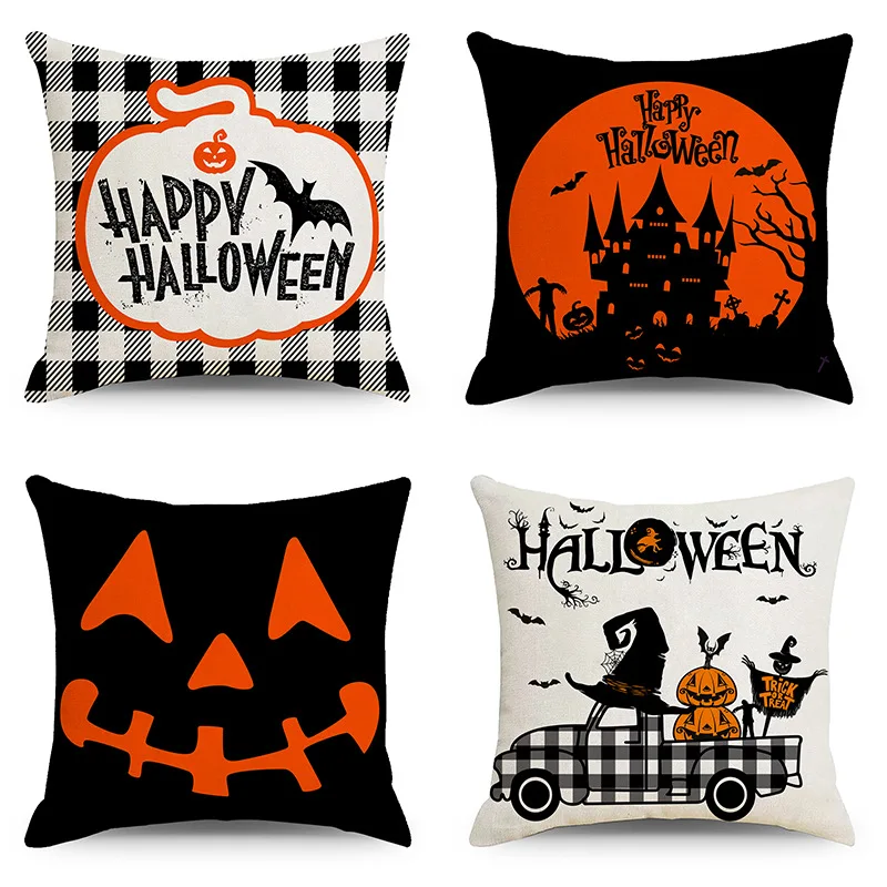 

Halloween Decorating Pillow Covers 18x18 inches Set of 4 for Home Decor Happy Halloween Orange Pumpkin Throw Pillow Cushion Case