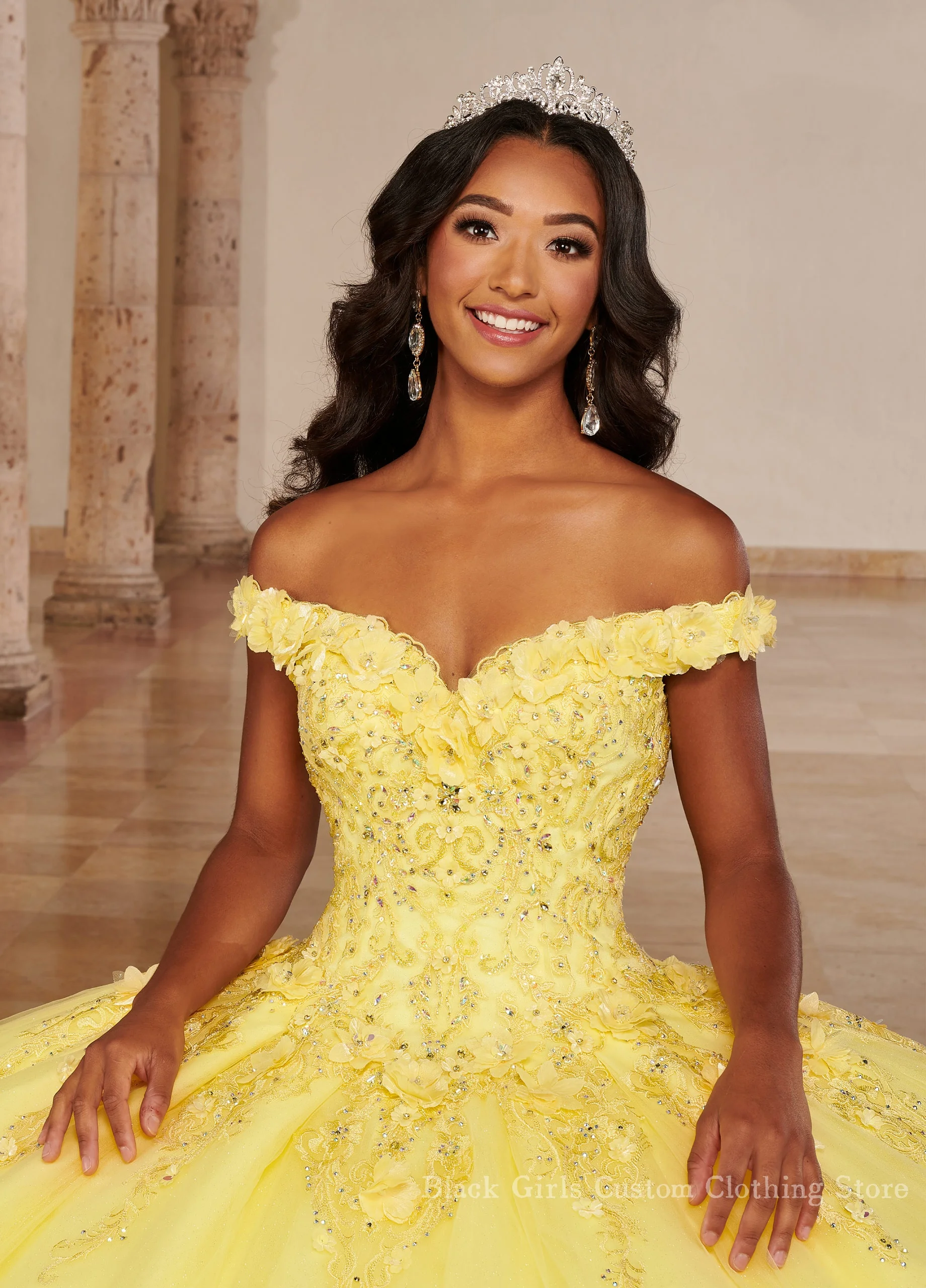 Bright Yellow Princess Quinceanera Dresses Gorgeous One Shoulder 3D Applique Corset 15 Years Mexico Customised vestidos
