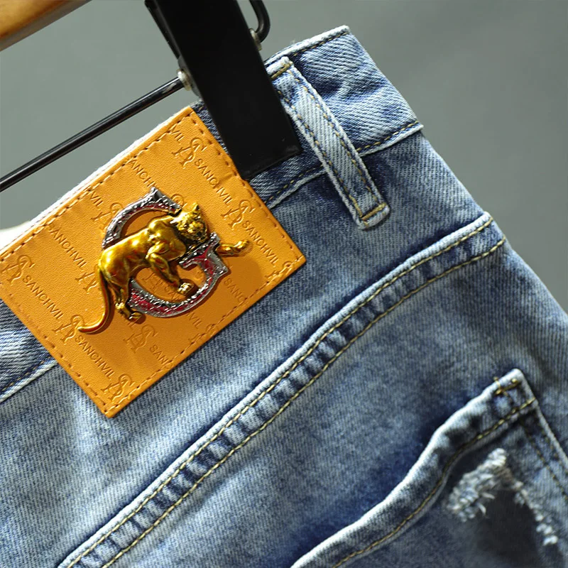 Spring New Blue Ripped Hole Jeans Men's Elastic Slim Stitching Patch Korean Fashion Male Clothing Denim Trousers Streetwear