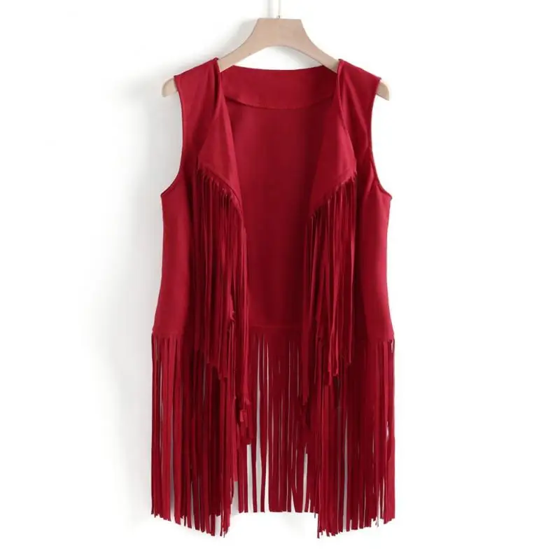 Women's Fringed Vest Jacket Fashion Fall Winter Suede Ethnic Sleeveless Fringed Vest Cardigan Vintage Faux Tassel  Coat Coffee long duvet coat Coats & Jackets