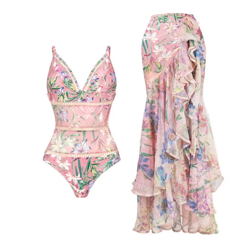 

Swimsuit Women One Piece 2023 Swim Wear For Swimwear Neck Mesh Panel Print Set Polyester Female Suit Sport Clothing Girls Push