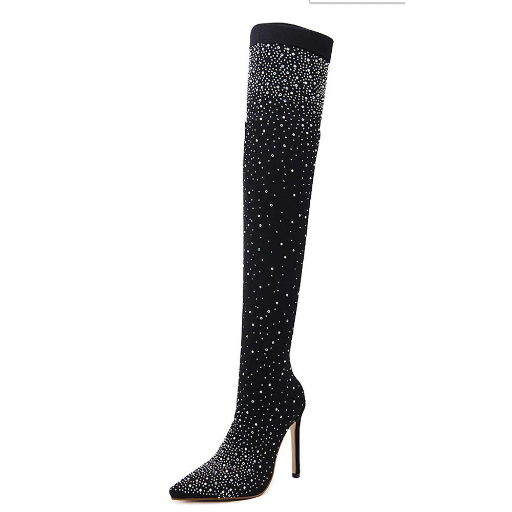 NAN JIU MOUNTAIN Women's Boots Autumn Over The Knee Boots Fashion Rhinestone Pointed High Heel Outdoor Women's Shoes