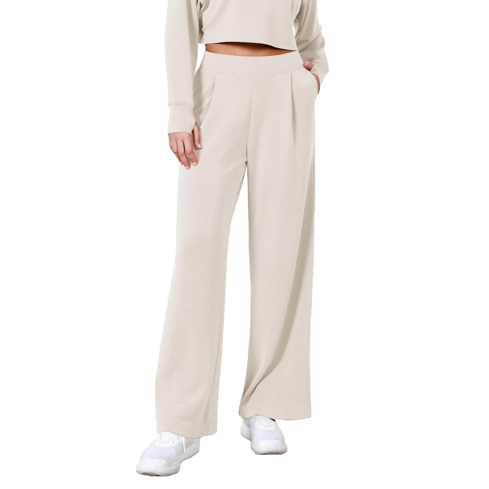 

Женские брюки с высокой талией, модные однотонные свободные широкие брюки с эластичным поясом и карманами, повседневные универсальные прямые брюки