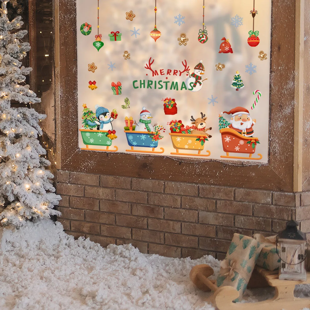 Multi-Design Christmas Penguin Snowman Santa Sleigh Static Cling Window Sticker 30x60cm Double-Sided Glass Decal for Home Decor