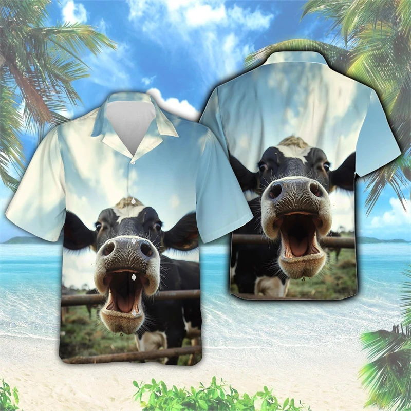 Farm Floral Cow Men's Shirts Hawaiian Shirt 3D Printed Funny Cows Shirts For Men Vacation Casual Y2k Animal Women Lapel Tops 3