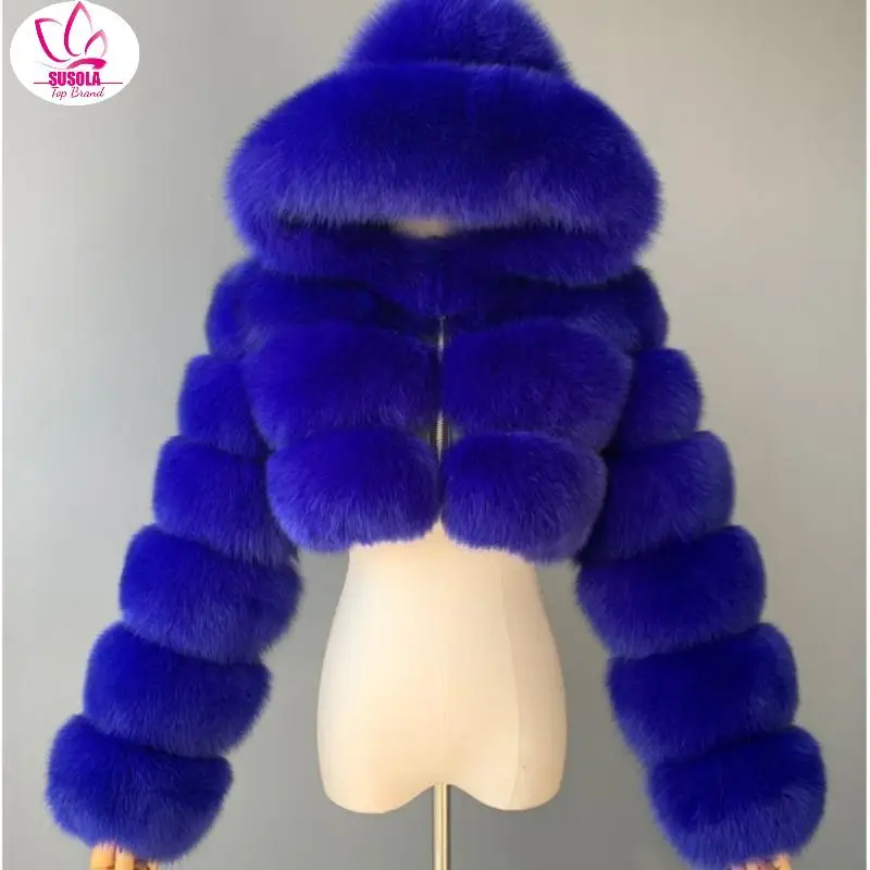 

SUSOLA Trend Hooded Faux Fur Coat Women Lady Winter Warm 8XL Blue Furry Overcoat Elegant Plush Crop Jacket Femme