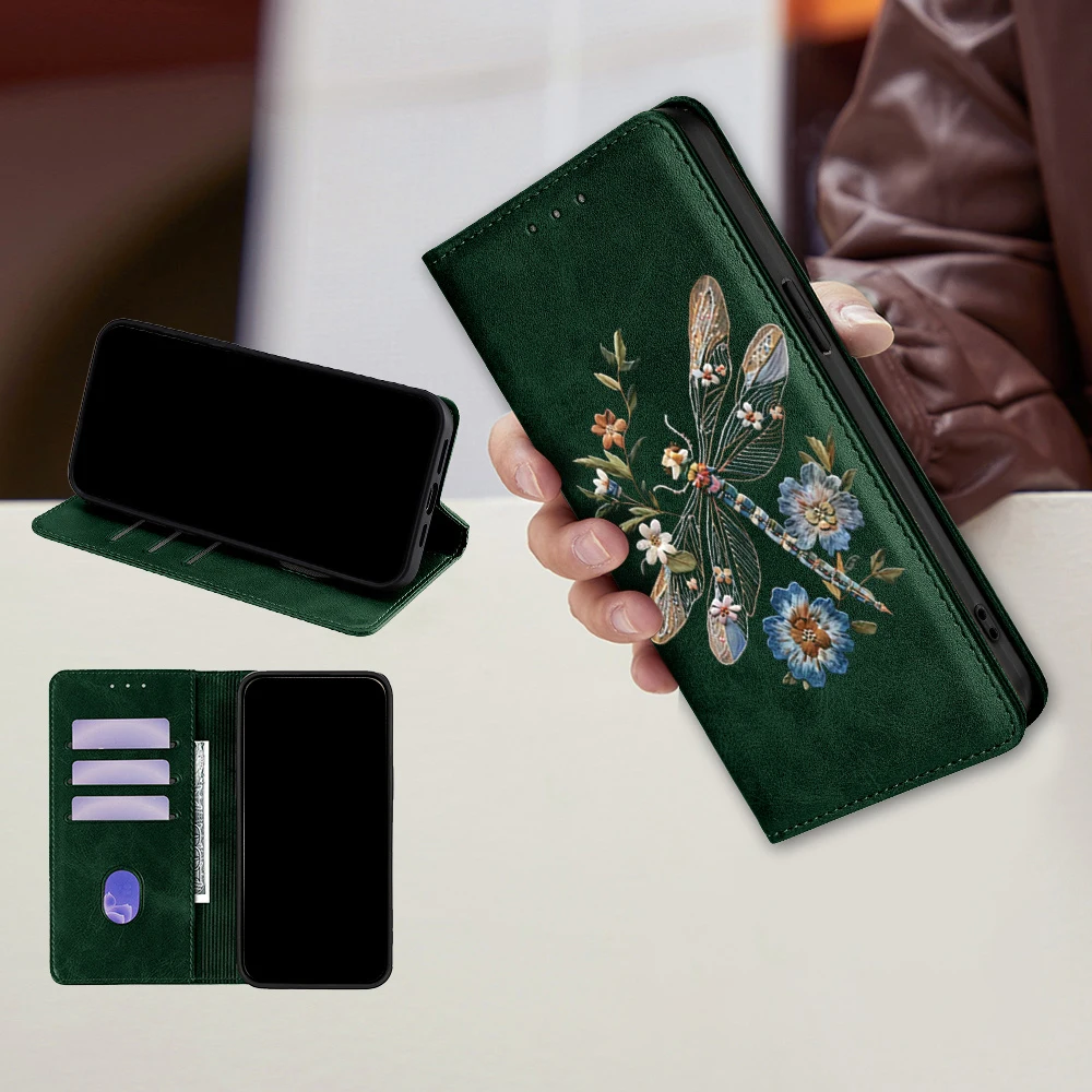 Dragonfly Flower Pattern Leather Flip Cover