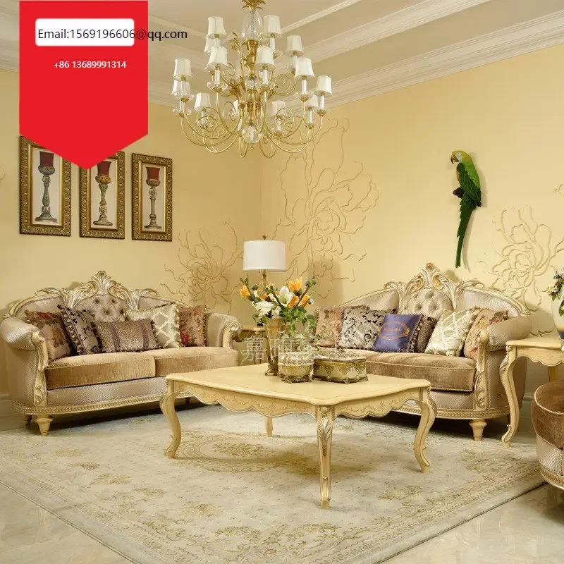 

Custom-made European sofa French all-solid wood carved tea table luxury villa living room combination