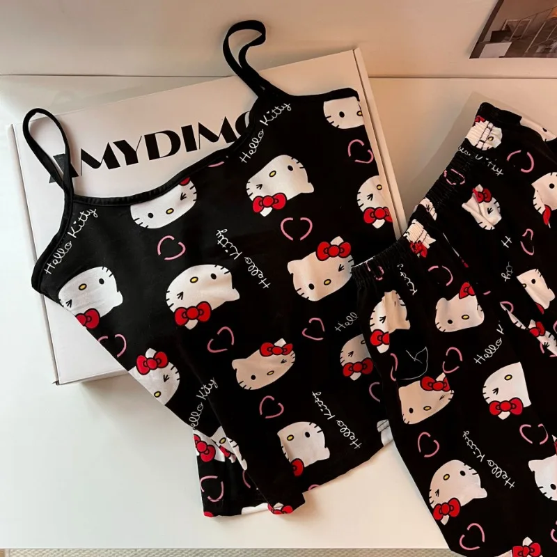Nuevo Sanrio Anime Hello Kitty patrón conjunto de pijama de manga corta con alfombrilla para el pecho para mujer ropa de hogar con correa de verano