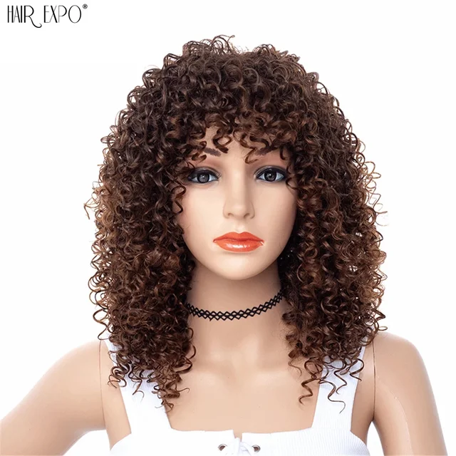 14inch Short Kinky Curly Wig Afro American Wigs for Black Women  Brown Mixed Blonde Synthetic Heat Resistant Wigs with Bangs SHL-063