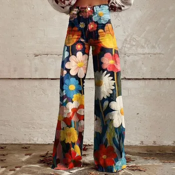 High Waisted Casual Vintage Wide Leg Imitation Jeans Women Fashion 90s Floral Printed Denim Pants 2