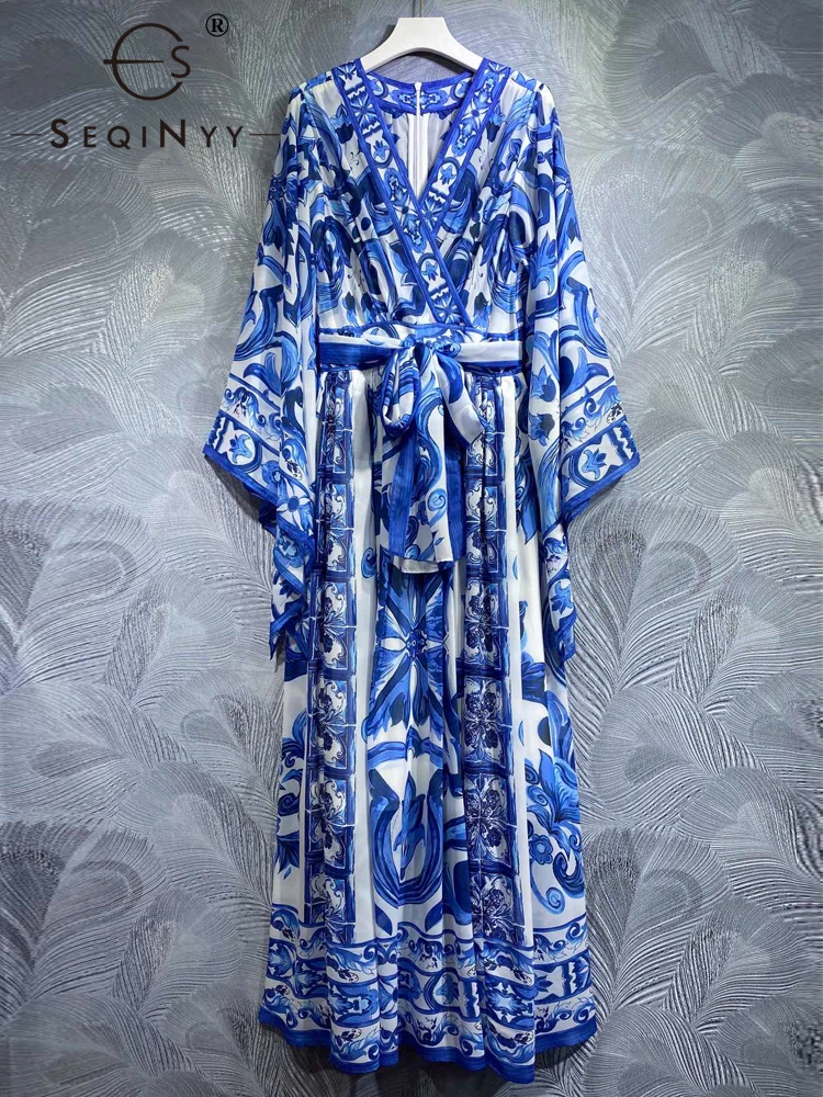 

SEQINYY Elegant Long Dress Summer Spring New Fashion Design Women Runway High Street Blue Flower Vintage Sicily Print Loose Belt