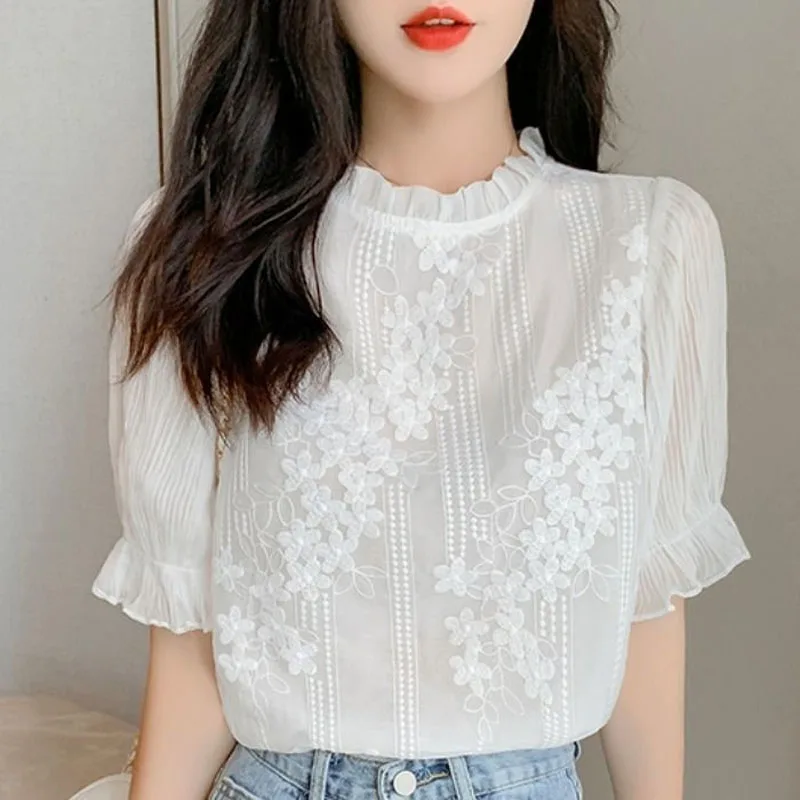 

Summer New Jacquard Solid Color Crew Neck Versatile Spliced Lace Short Sleeves Fashion Slim Commuter Chiffon Top for Women Tops