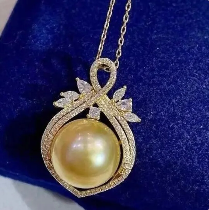 

Gorgeous Huge AAAA 12-13mm south sea Golden stud pearl pendant necklace 925s.