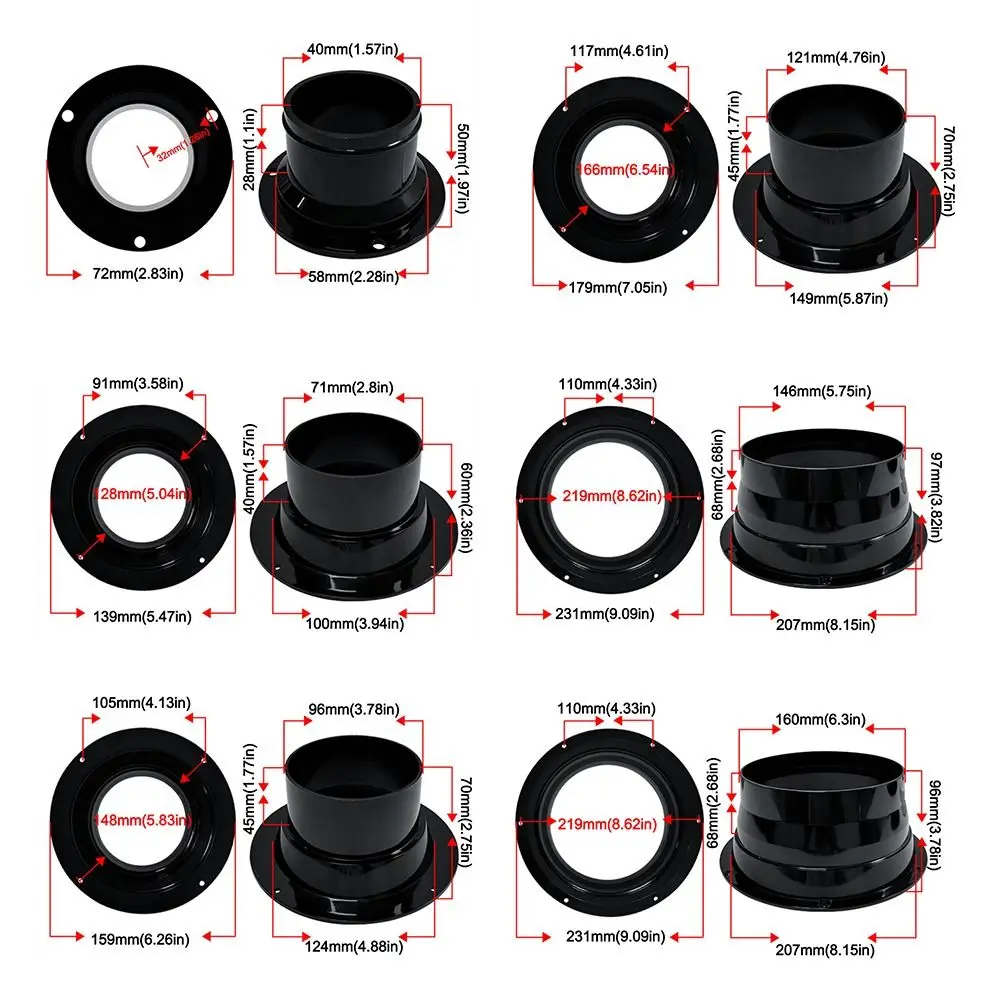 Black ABS Bevel Flange Adapter for Air Ventilation Hoses (50-160mm)