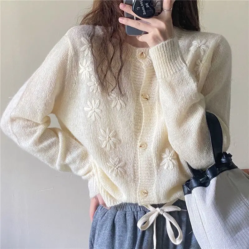 

Осенний кардиган, свитер для женщин, новинка 2023, Ранняя осень, нежная ветровка, круглый вырез, длинный рукав, высокое качество, маленький свитер, пальто, кардиган для женщин