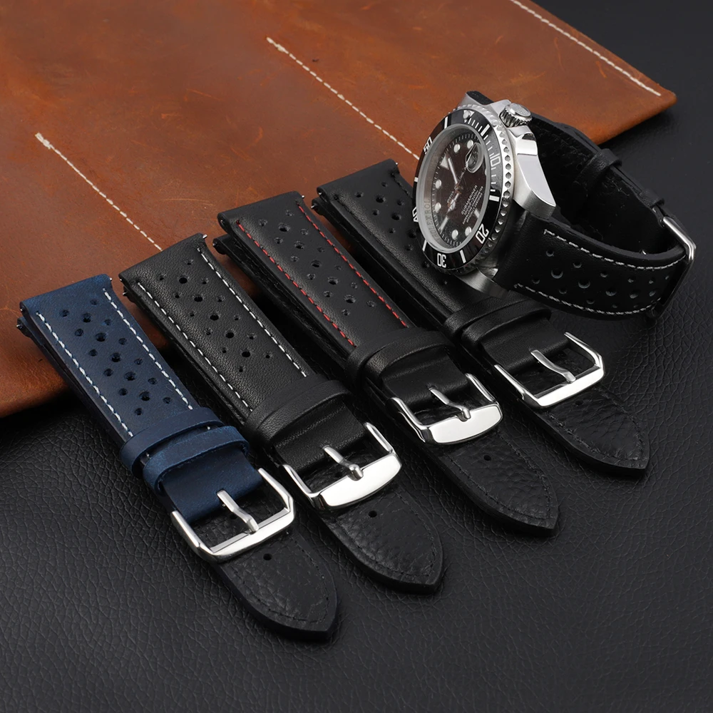 Vintage Handmade Leather Watchband - Black & Brown Breathable Strap