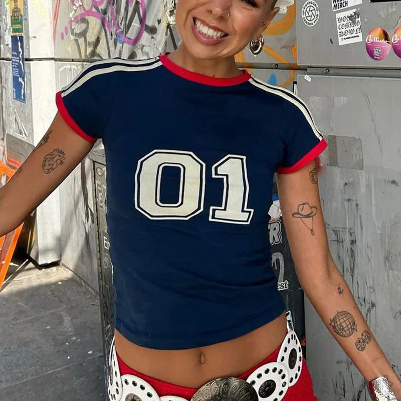 Camiseta minimalista con estampado digital informal de cuello redondo y manga corta para mujer, estilo europeo y americano, novedad Y2K para las cuatro estaciones