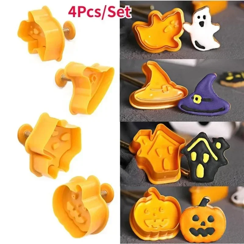 4Pcs/set Biscuit Mold Cartoon Push-type Cookie Cutter Halloween Diy Cake Decoration Cookie Molds Kitchen Gadget