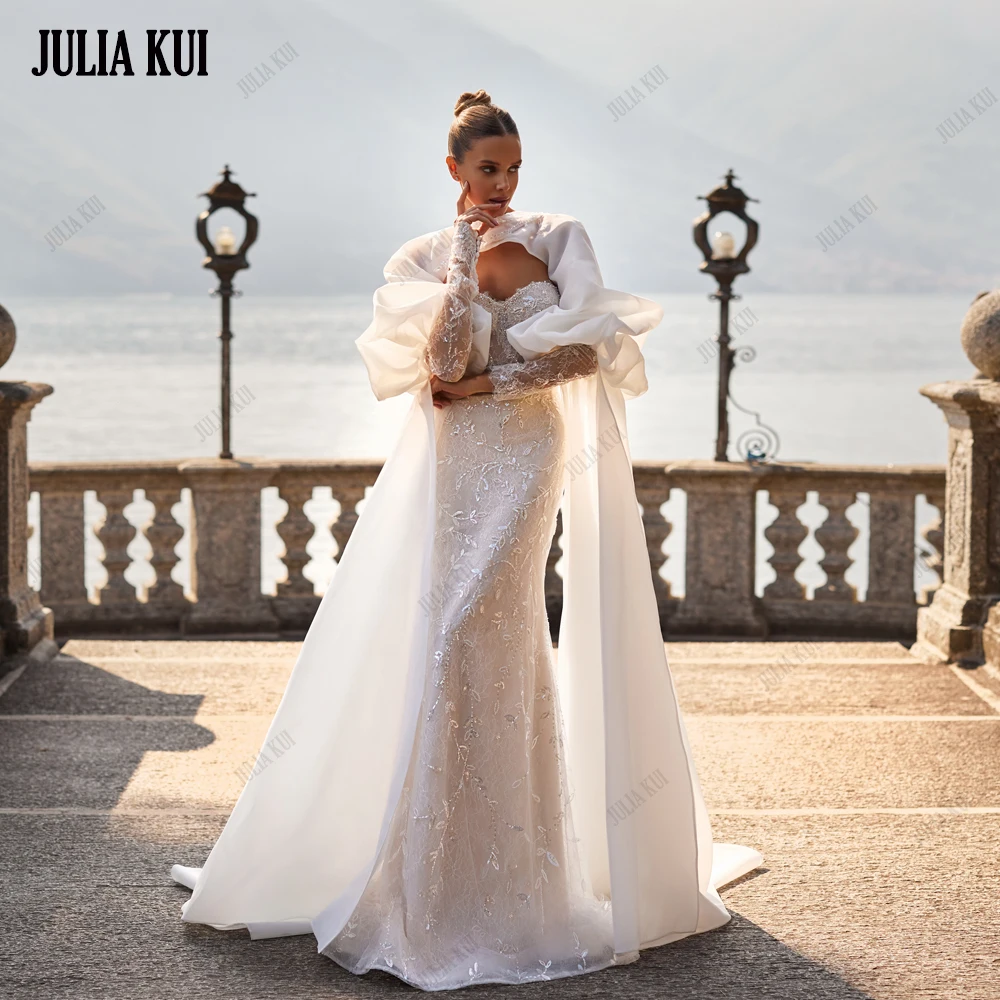 

Julia Kui Luxury Lace Sweetheart Mermaid Wedding Dress Beading Embroidery Off Shoulder Sleeves Trumpet Bridal Gowns