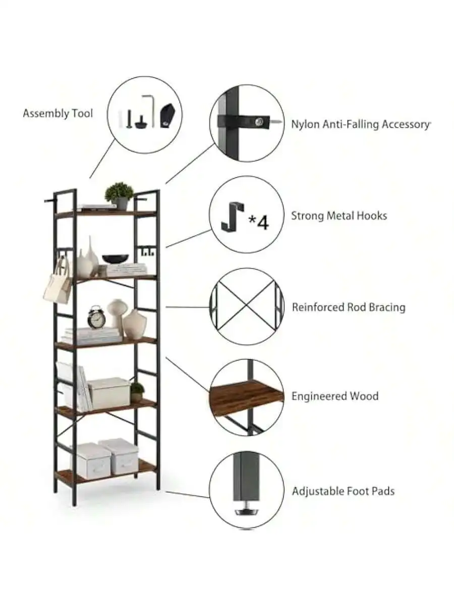 5 Tier Bookshelf 5 Tier Bookshelves Home Office Bookcase Shelf Storage Organizer Industrial Narrow Bookcase Display Stan 4
