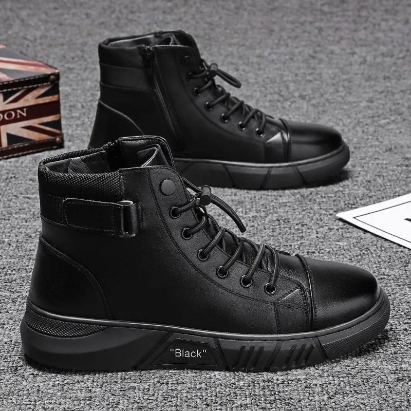 

2023 Leather Lace-up Platform Boots Man's Fashionable All-match Casual Boots Comfortable Sneakers Black High Quality Men's Boots