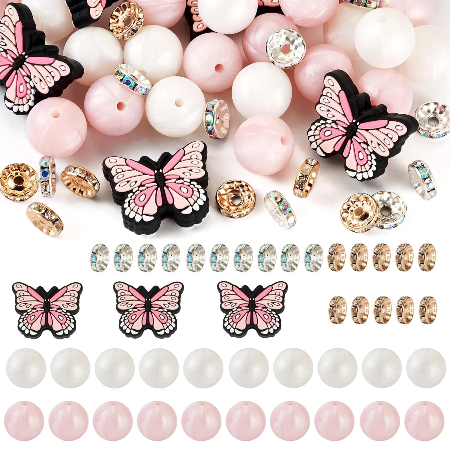 Butterfly Silicone Beads Pen Beads Round Silicone Focal with Rhinestone Spacer for Jewelry Pens Keychain Making DIY for jewelry making supplies