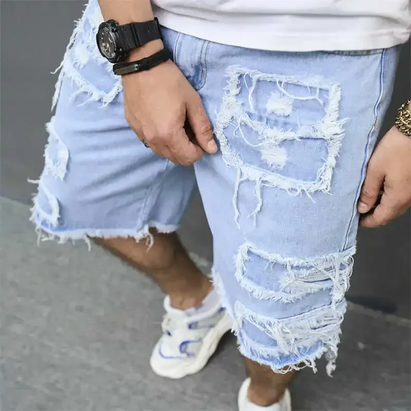 Denim Hole Knee Length Men Washed Jean Mid Waist Spliced Ripped Pockets Loose Fit Distressed Straight Pants Casual Shorts