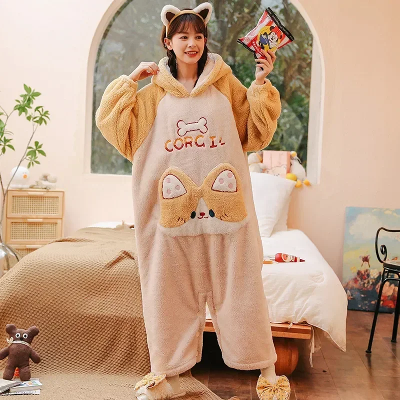 

Femme Winter Adult Korean Thicken Onesie Pyjama Kigurumis Pattern Loose Women Pijama Corgi Loungewear Cartoon Sleepwear Pour