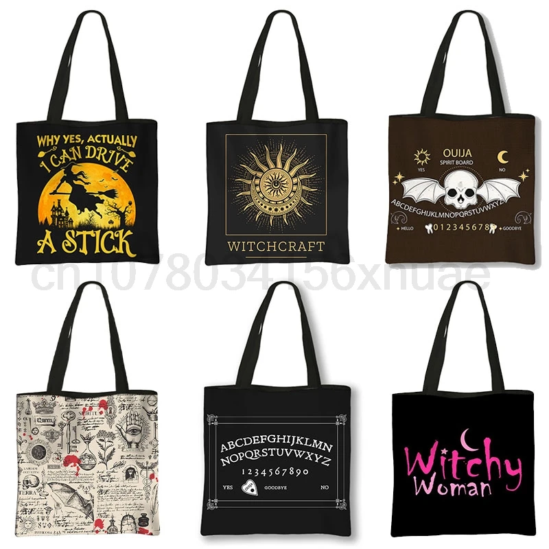 

Witchy Print Shoulder Bag With Moon Star Magical Hat Furnace Moon Cat Totes Bags Women Reusable Handbag Ouija Shopper Bags Gift