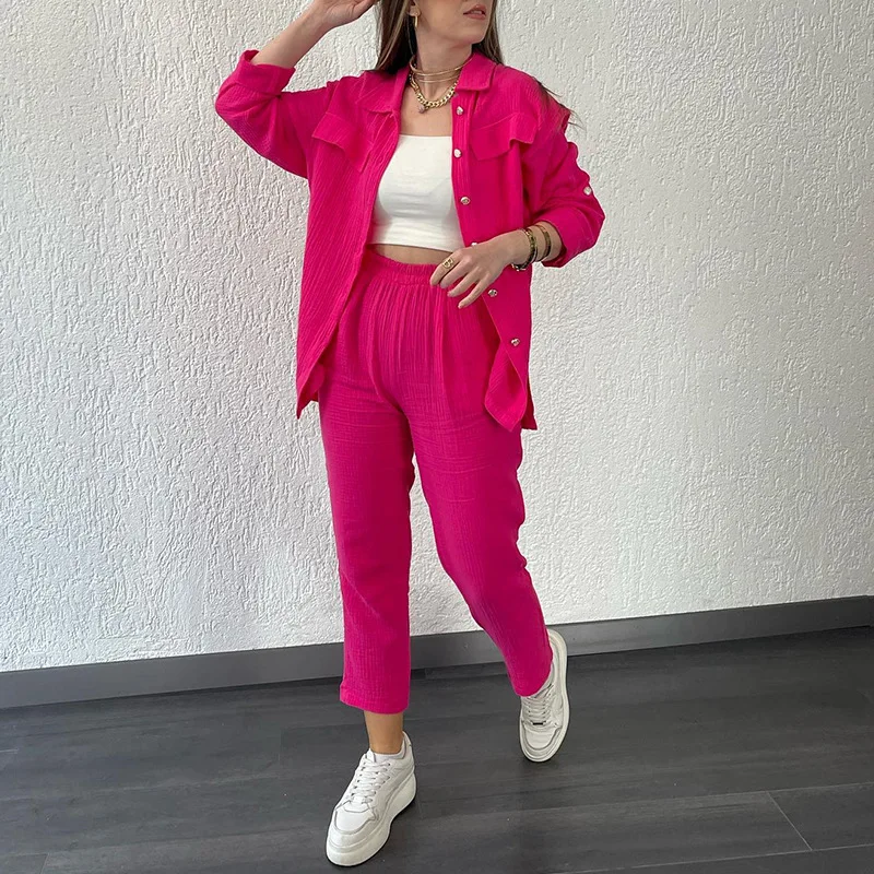 Streetwear Two Piece Sets Women Outfit Long Sleeves Pocket Loose Shirt New In Matching Sets Fall Winter Casual Female Pants Sets