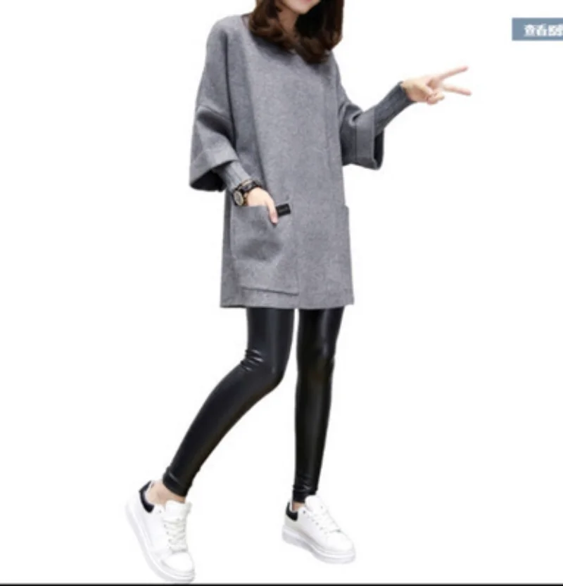 Round Neck Pullover Loose Medium Long Sleeve Sweater Women Fake Two Piece Underlay