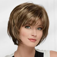 HAIRJOY cheveux synthétiques perruques courtes droites pour les femmes blanches perruques brunes mélangées avec frange perruque perruques de cheveux courts 1