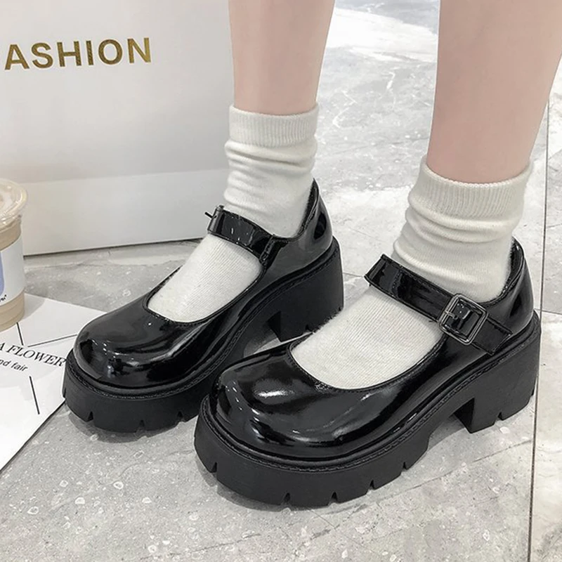 Zapatos de uniforme de colegiala para mujer, calzado japonés tipo merceditas, estilo retro, de tacón alto, plataforma, para disfraz, de talla grande -