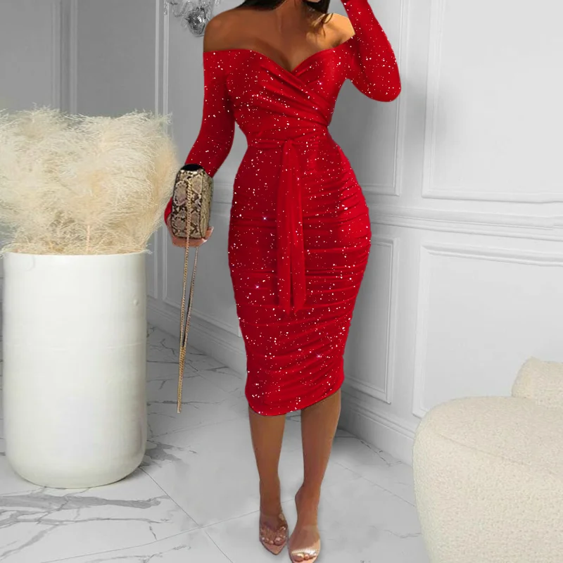 

Summer Sexy Dress for Women Solid Color Long Sleeve Women Clothing Evening Birthday Party Midi Dresses V-Neck Vestidos De Mujer
