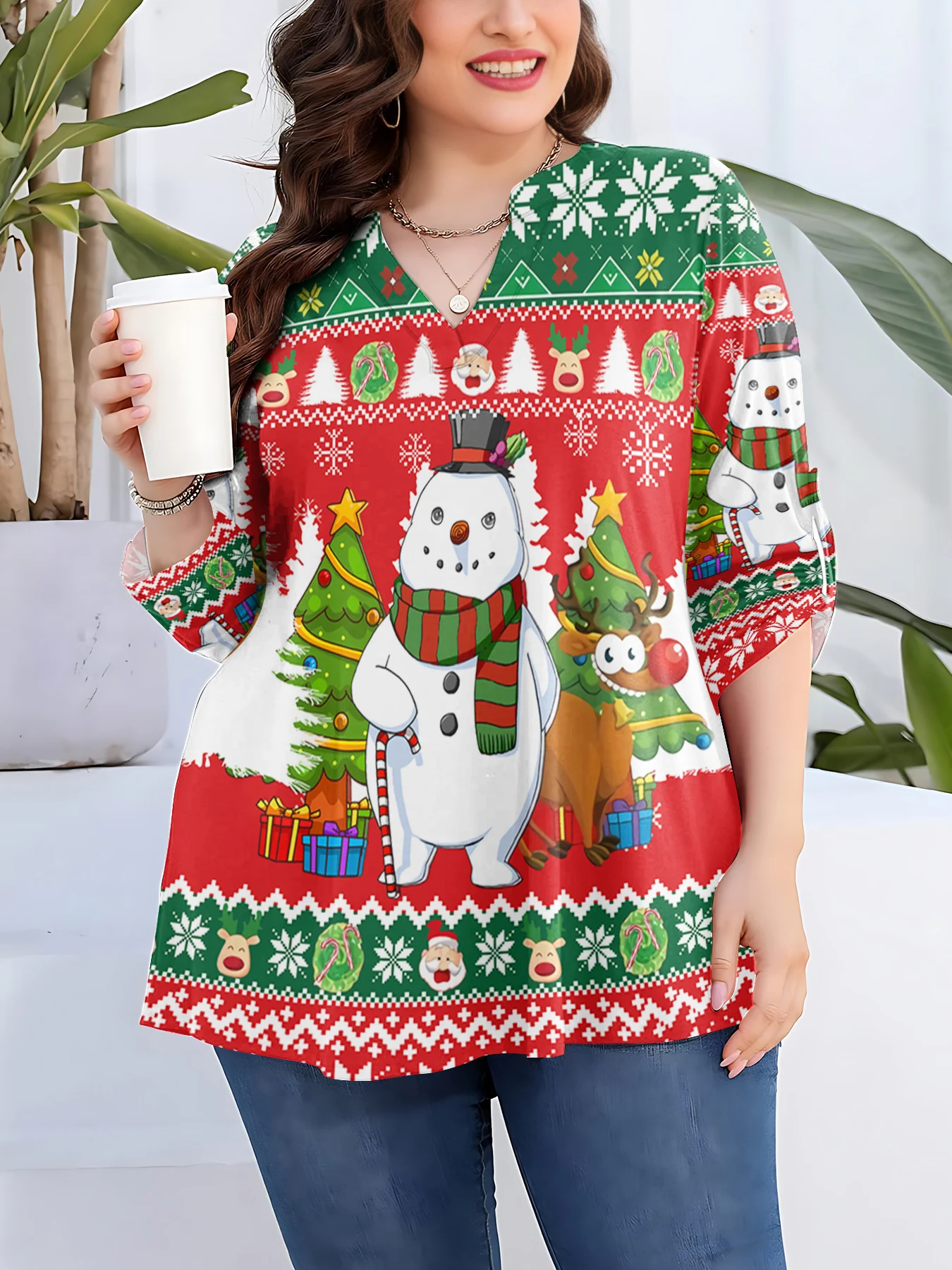 

Christmas Oversize T Shirts Cartoon Snowman Elk Stripe 3D Printed Tops V-neck Long Sleeve T-shirts Women Clothing Festival Gifts