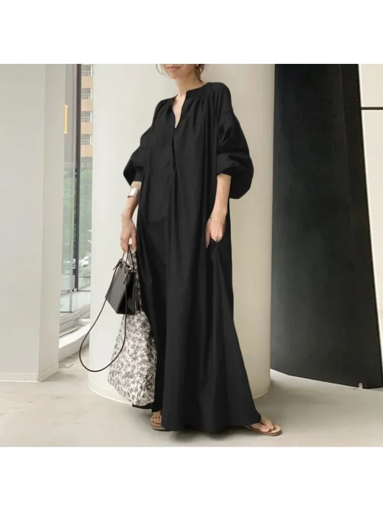 Cotton Dress Summer Elegant Solid Shirt Dress Women's Sundress Casual Lantern Half Sleeve Maxi Vestidos Female V Neck Robe - Image 4