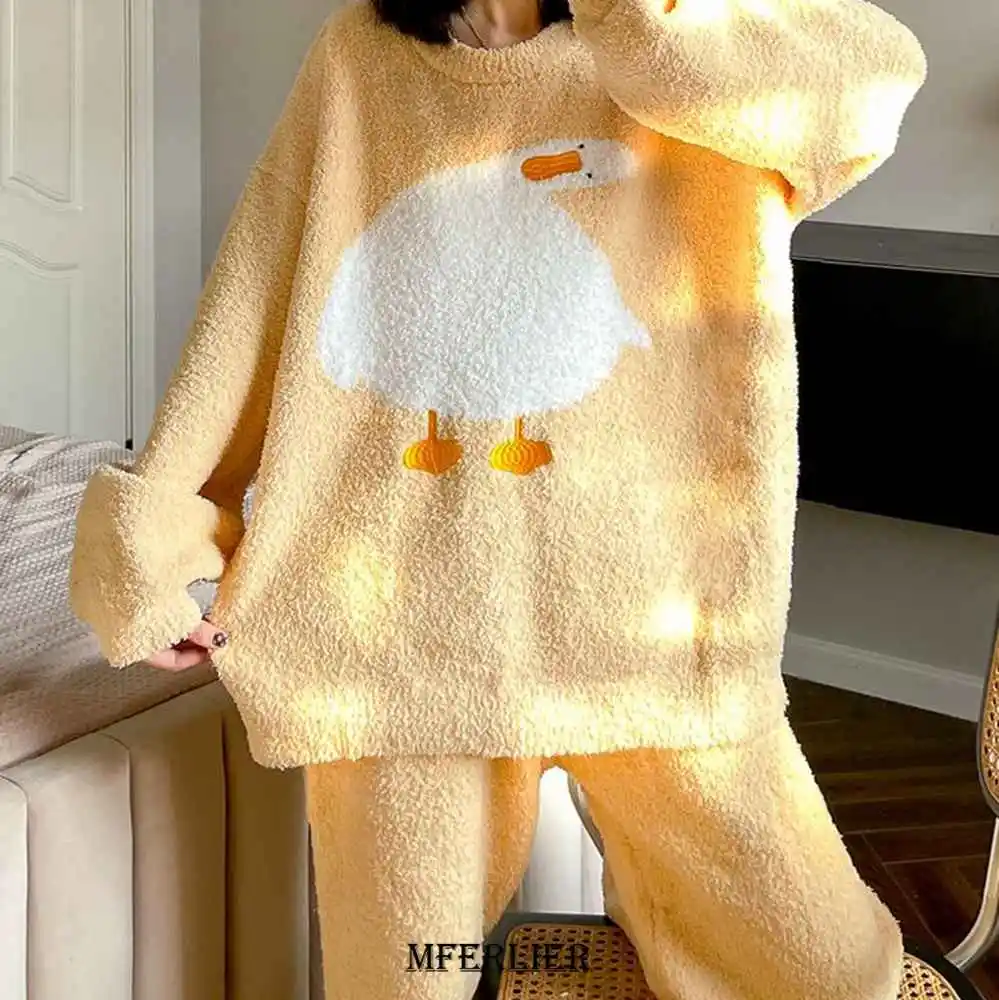 Plus Size 6XL 150kg Winter Warm Flannel Pajamas for Women Sweet Velvet Thicken Loose Sleepwear Set Coral Home Clothes